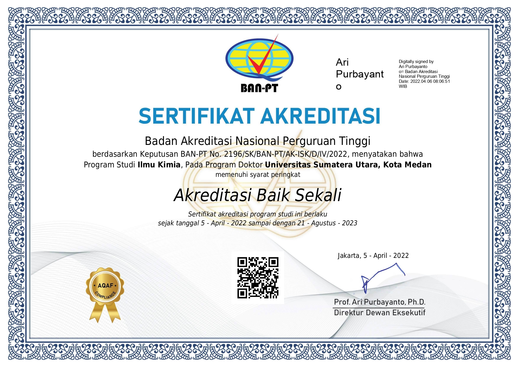 Hasil Konversi Peringkat Akreditasi “Baik Sekali” Prodi Doktor Ilmu Kimia , Fakultas Matematika dan Ilmu Pengetahuan Alam, USU